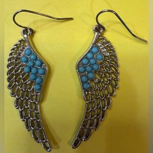 Turquoise and Silver Tone Wing Dangly Earrings